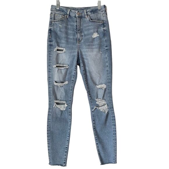 J1 H&M & Denim Distressed High Waist Raw Hem Curvy Super Skinny Stretch Jeans Si - Picture 1 of 5
